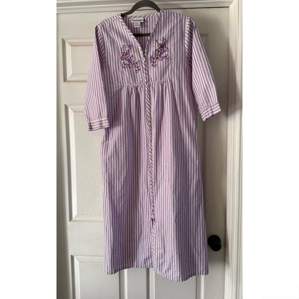 Country Store Catalog Seersucker Long Robe Embroidered 3/4 Sleeve S